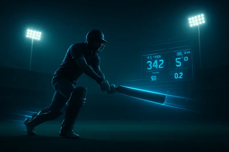 Dynamic Cricket Action Cricket athlete in motion with neon trail and digital stadium background