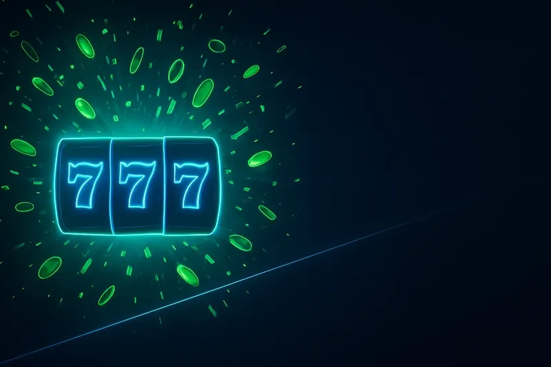 Glowing slot reels with massive win, coins, confetti, green gold neon