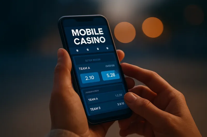Hands holding smartphone with mobile casino interface and live match odds