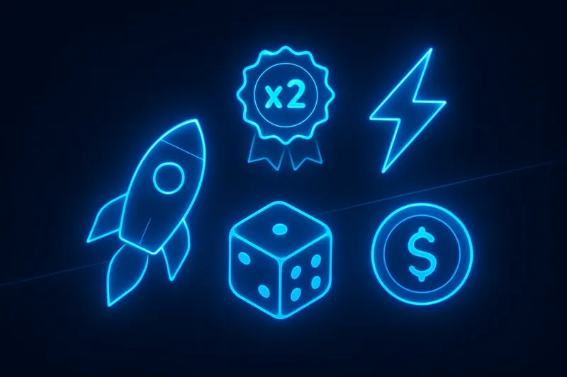 Glowing instant game icons with rocket, dice, coin, and lightning