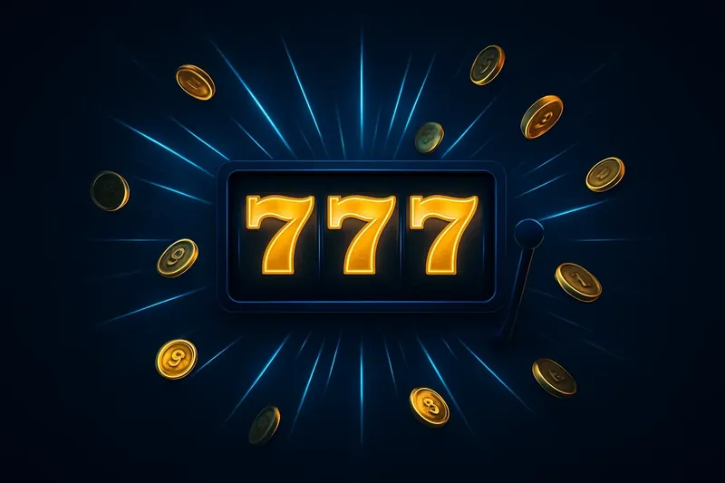 Slot machine jackpot with golden 777, coins, and neon light beams
